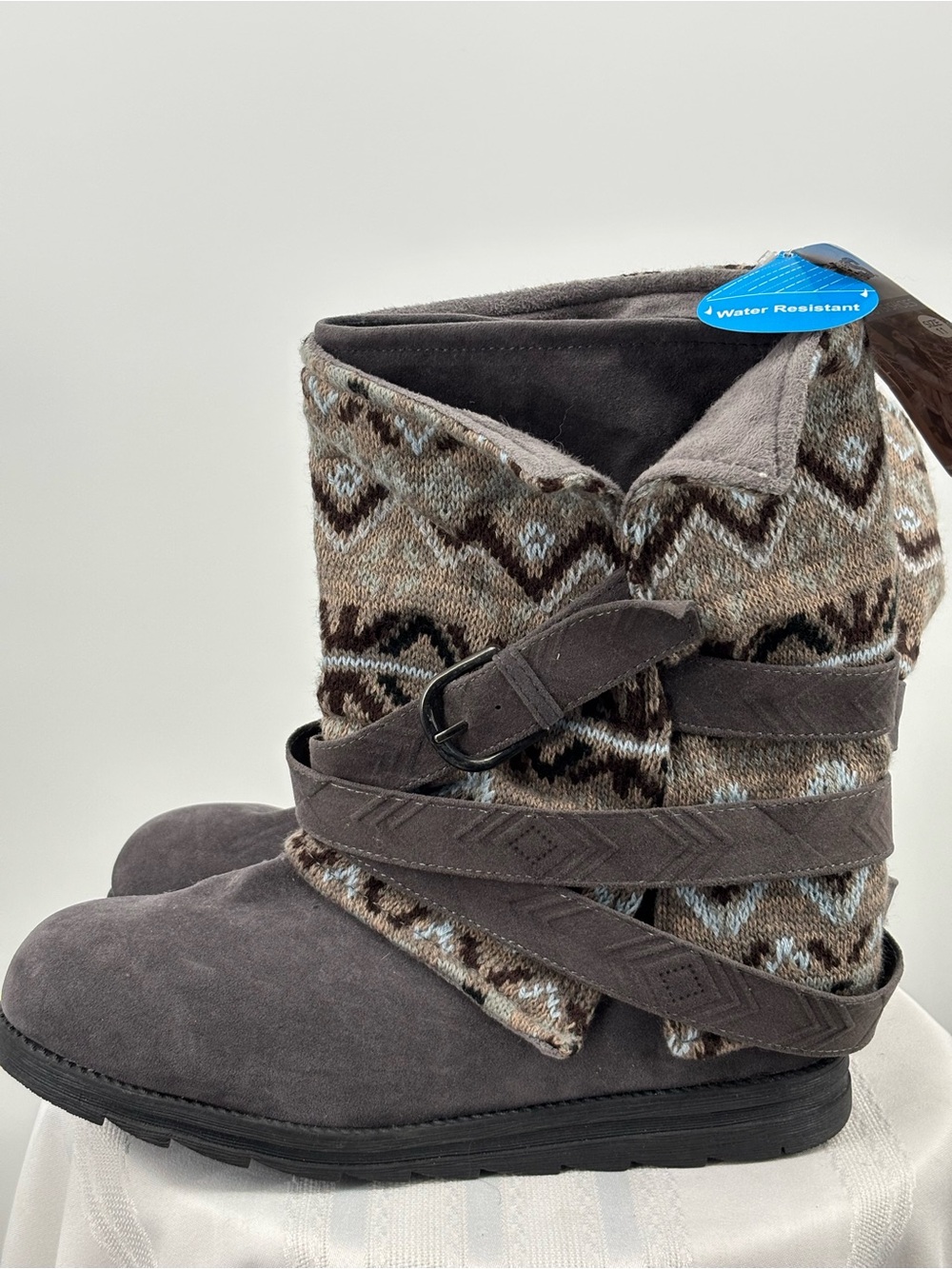 Women's Gray Patterned Knit Strap Boots Size 11
